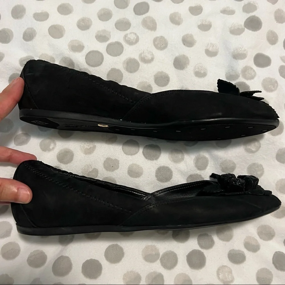 Donald Pliner Black Suede Flower Peep Toe with Elastic Flats Size 6